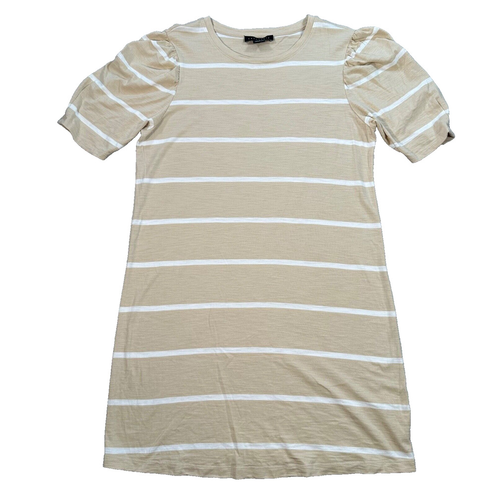 Sanctuary T-Shirt Dress Womens Small Stripe Beige/White Short Puff Sleeve Casual